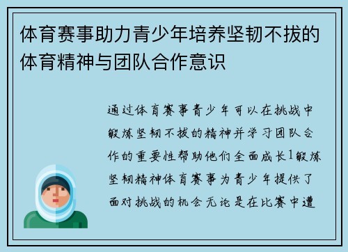体育赛事助力青少年培养坚韧不拔的体育精神与团队合作意识