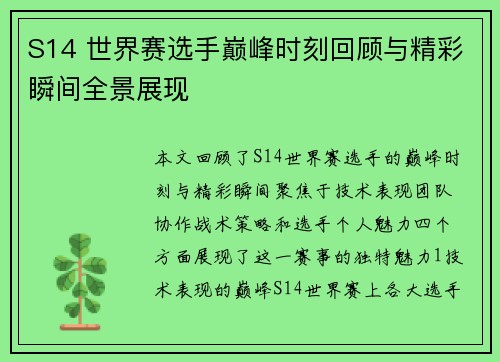 S14 世界赛选手巅峰时刻回顾与精彩瞬间全景展现